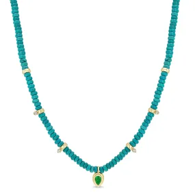 14k Diamond & Turquoise Rondelle Bead Necklace with Pear Emerald Pendant