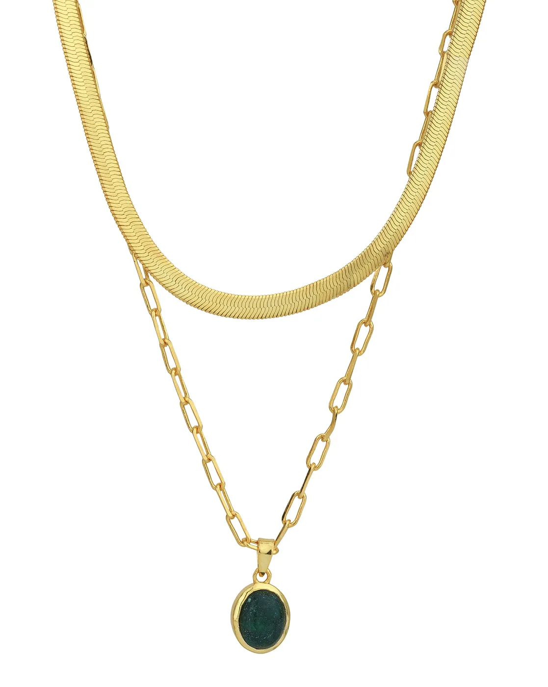 18kt Gold Plated with Natural Green Aventurine Stone Double Chain Necklace for women