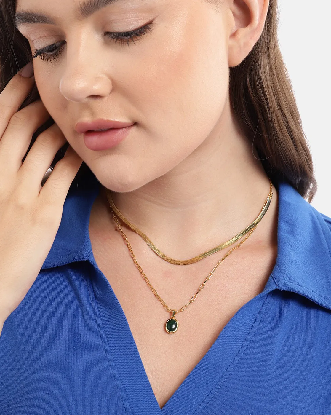 18kt Gold Plated with Natural Green Aventurine Stone Double Chain Necklace for women