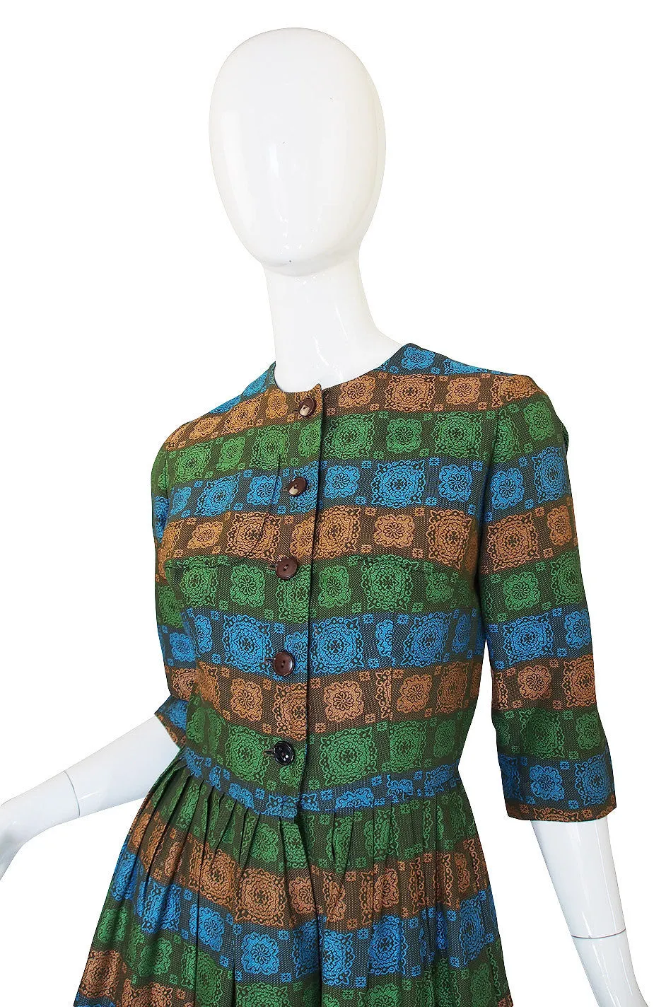 1950s Green Brocade Pocket Front Day Dress