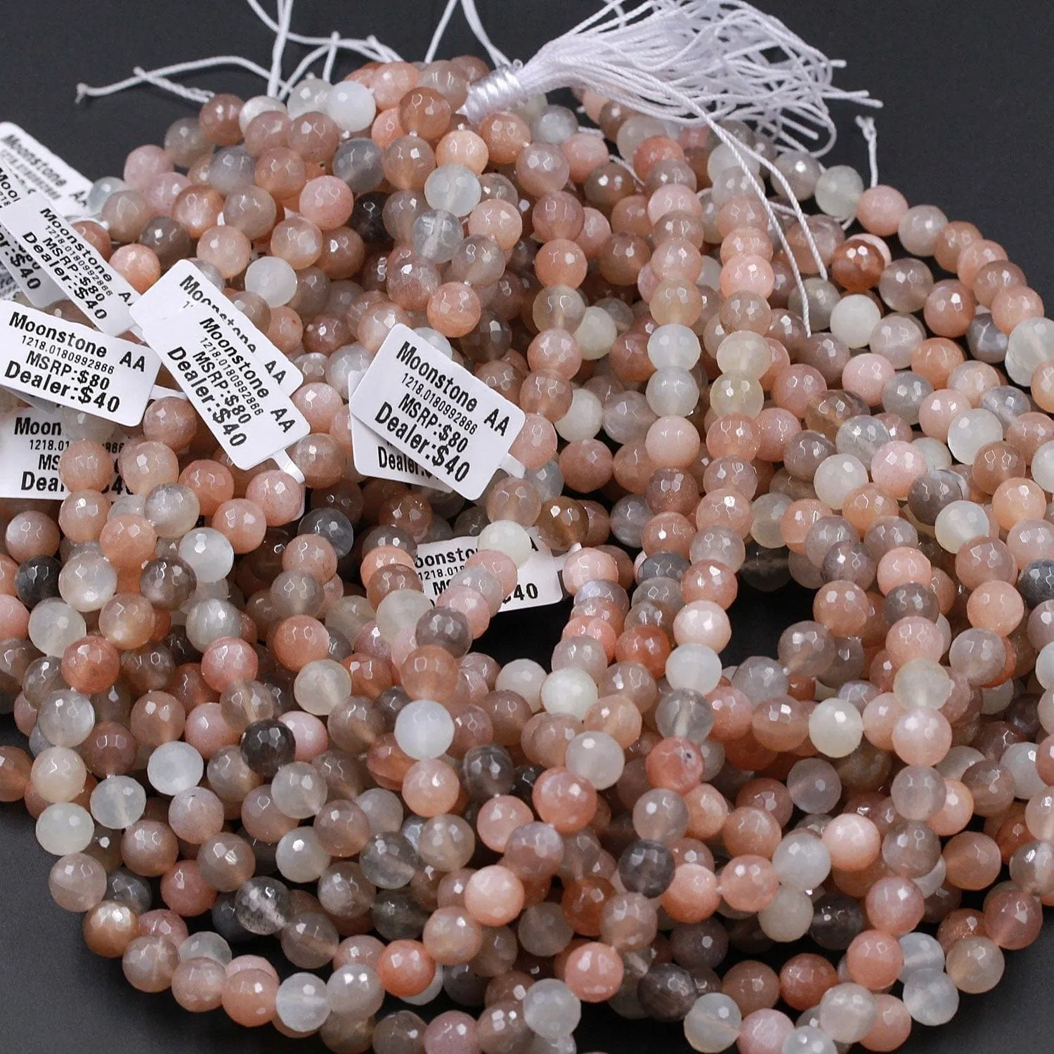 AA Faceted Multicolor Natural Creamy Peach Gray Moonstone 8mm Faceted Round Beads High Quality Micro Faceted Sparkling Gemstone 16" Strand