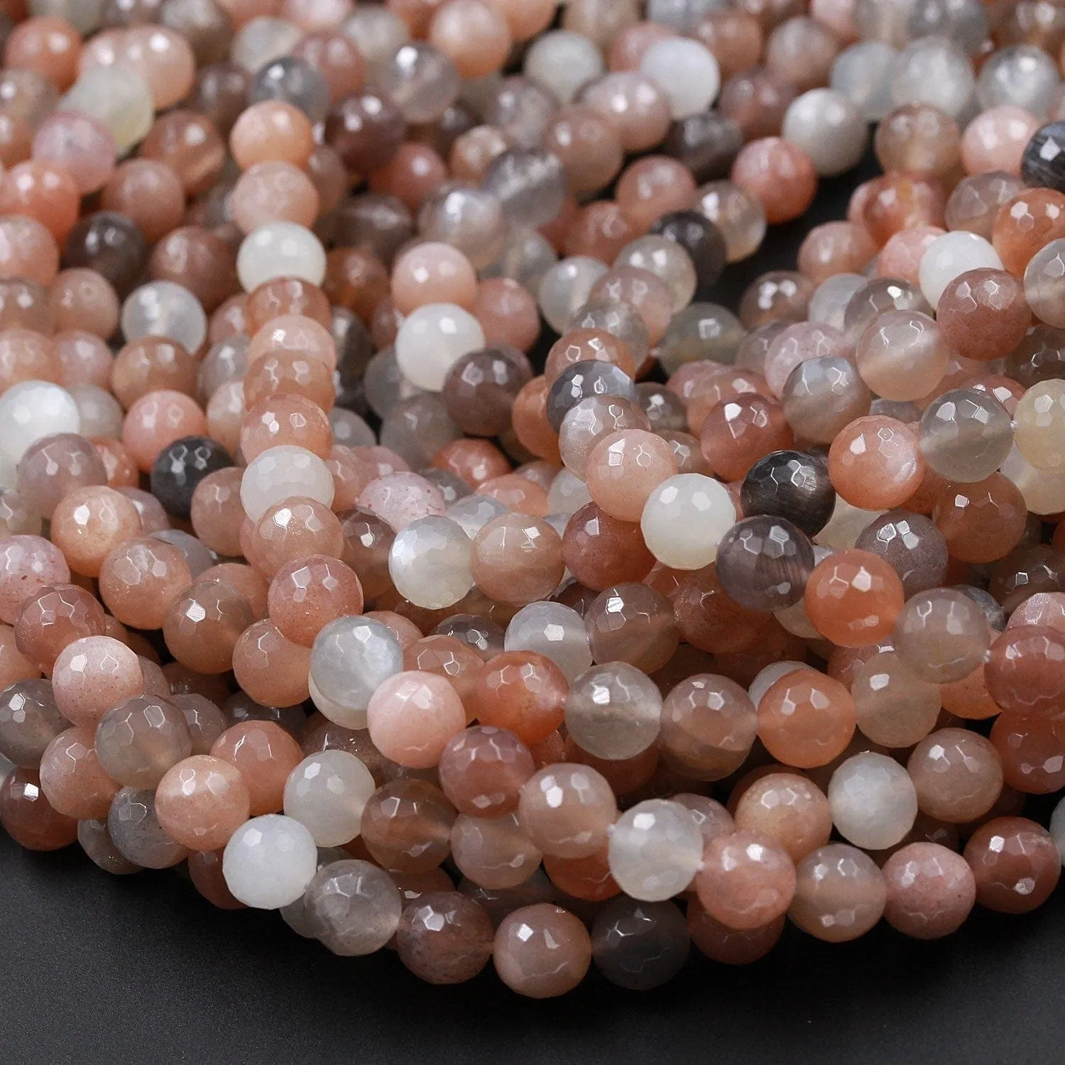 AA Faceted Multicolor Natural Creamy Peach Gray Moonstone 8mm Faceted Round Beads High Quality Micro Faceted Sparkling Gemstone 16" Strand