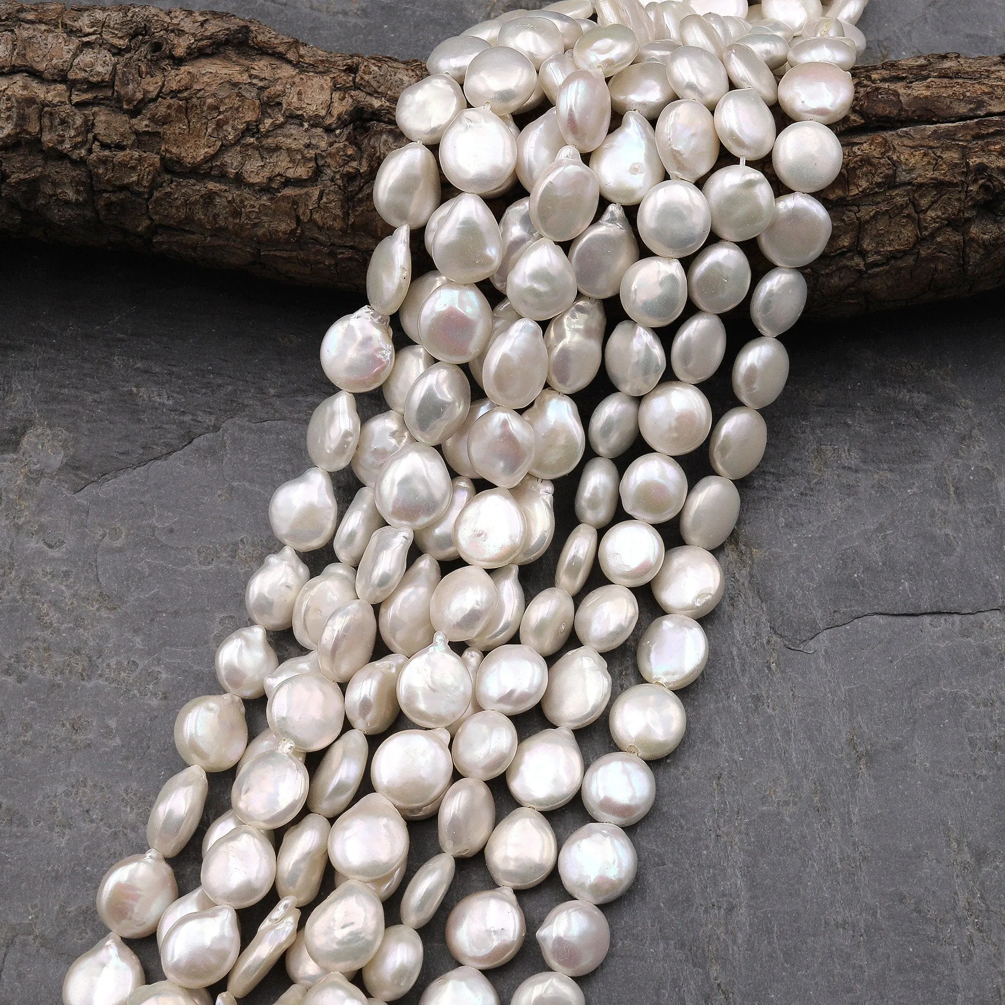 AA Natural White Coin Pearl 10mm Iridescent Real Genuine Freshwater Pearls 15.5" Strand