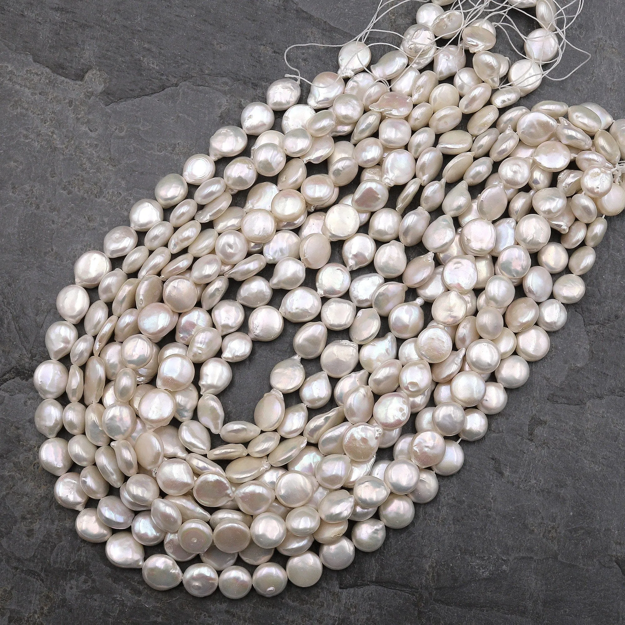 AA Natural White Coin Pearl 10mm Iridescent Real Genuine Freshwater Pearls 15.5" Strand