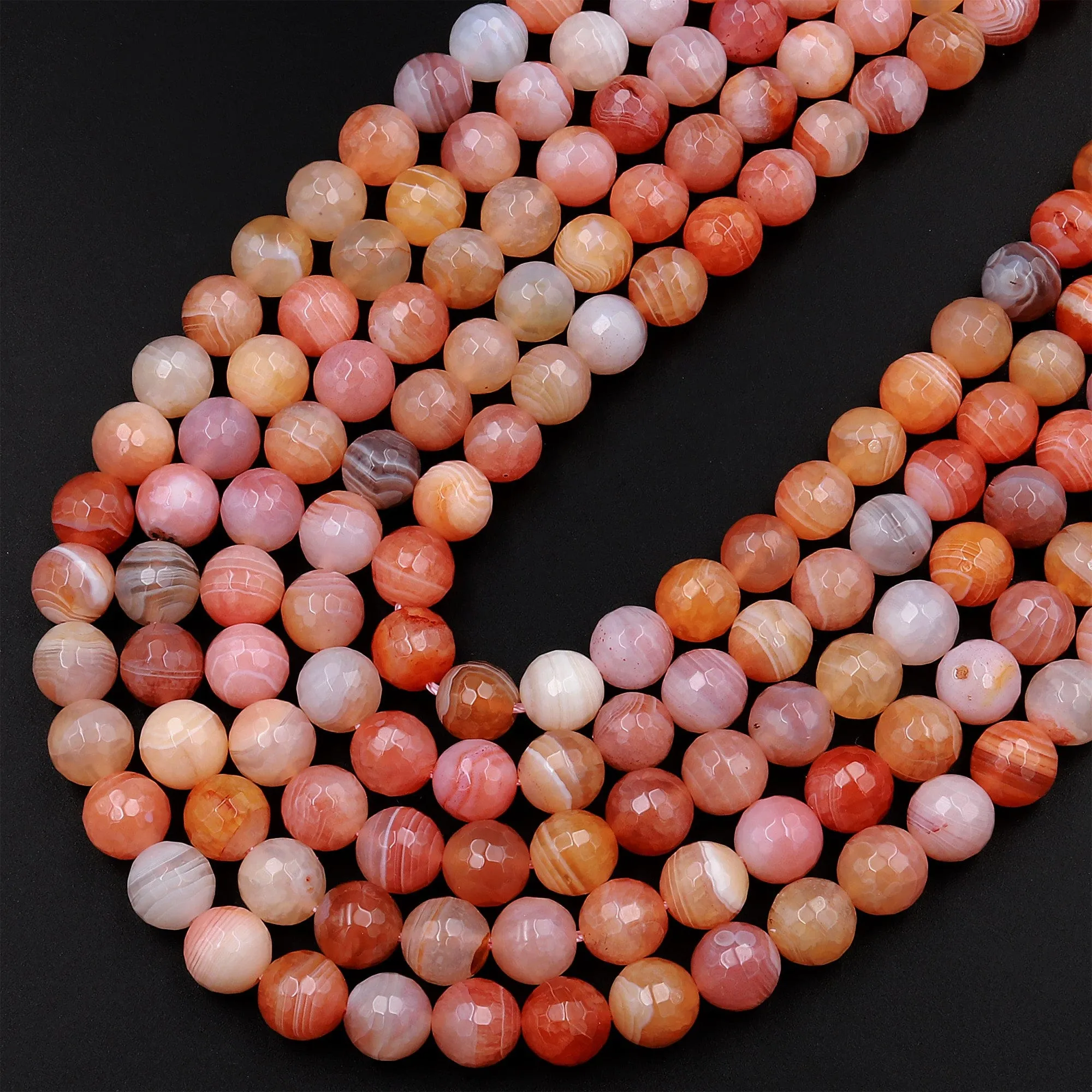 AAA Faceted Natural Orange Red Peach Pink Botswana Agate 6mm 8mm 10mm 12mm Round Beads Sparkling Dazzling Vibrant Gemstone 15.5" Strand