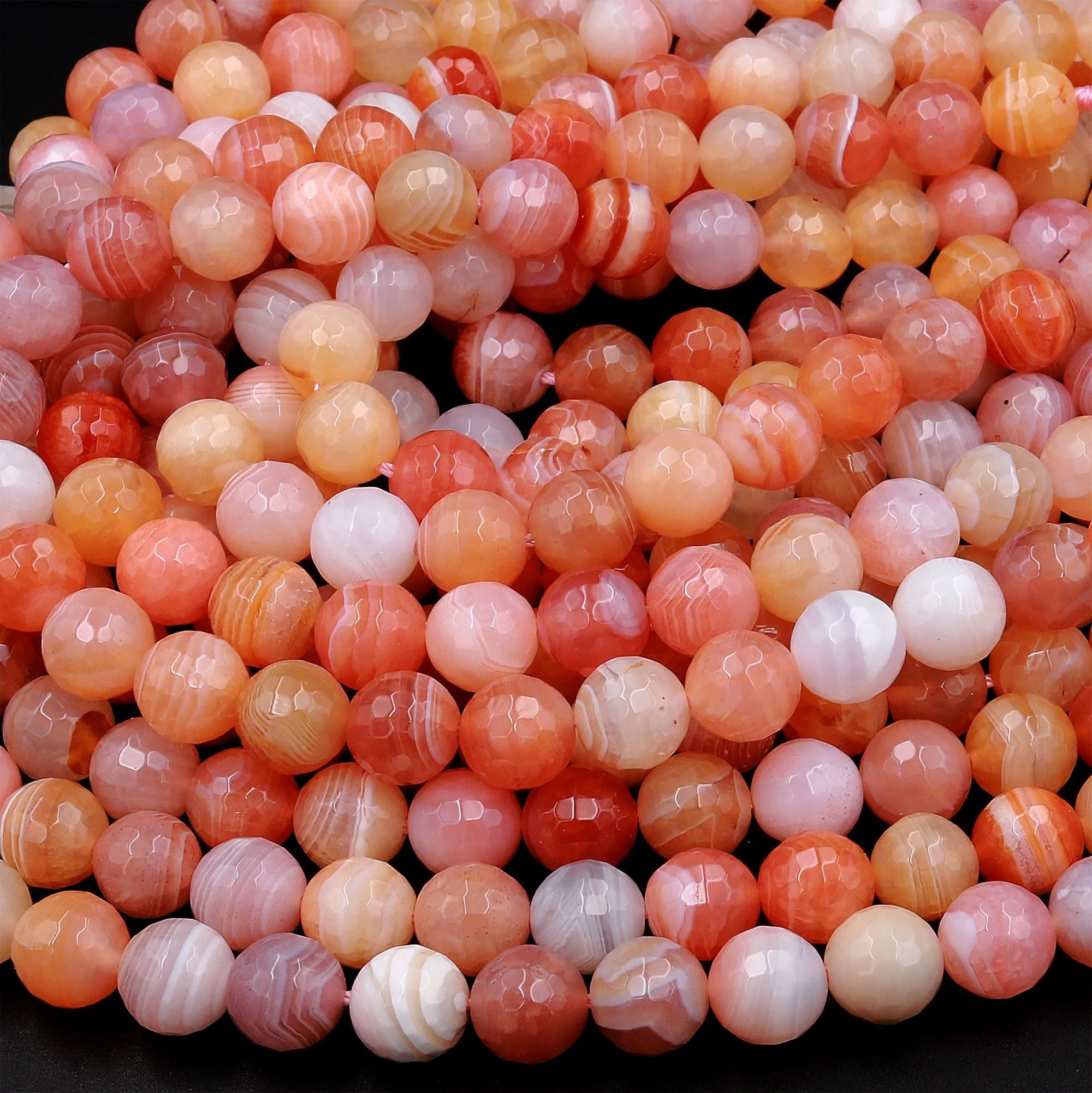 AAA Faceted Natural Orange Red Peach Pink Botswana Agate 6mm 8mm 10mm 12mm Round Beads Sparkling Dazzling Vibrant Gemstone 15.5" Strand