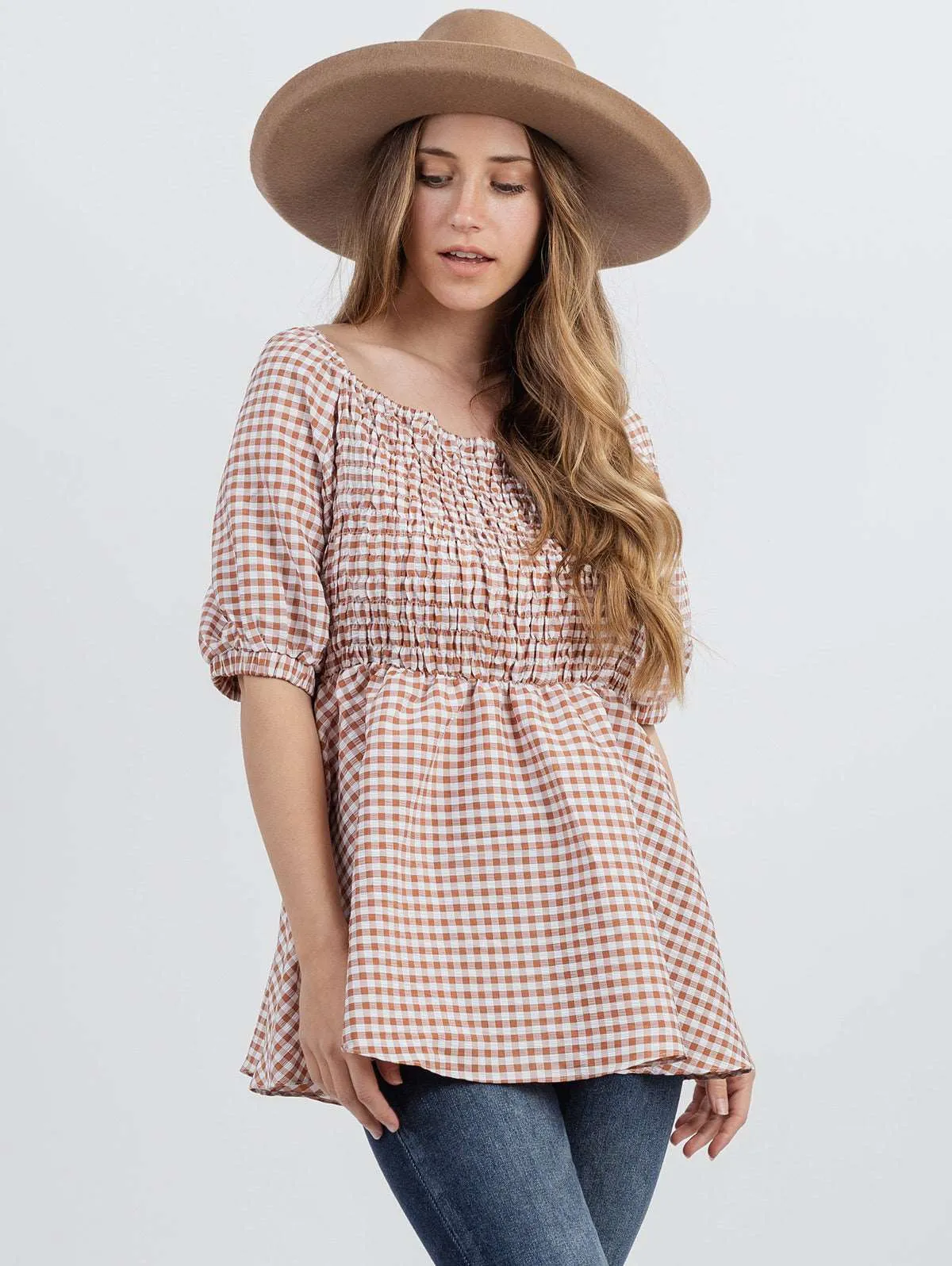 American Bling Plus Size Women Gingham Check Fabric Short Puff Sleeve Top