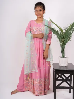 Baby Pink With Mild Green Thread Embroidery Anarkali Set For Girls