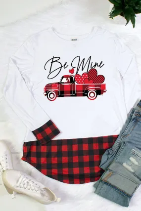 Be Mine Valentines Day Love Truck Plaid Cuff and Hem Long Sleeve Shirt