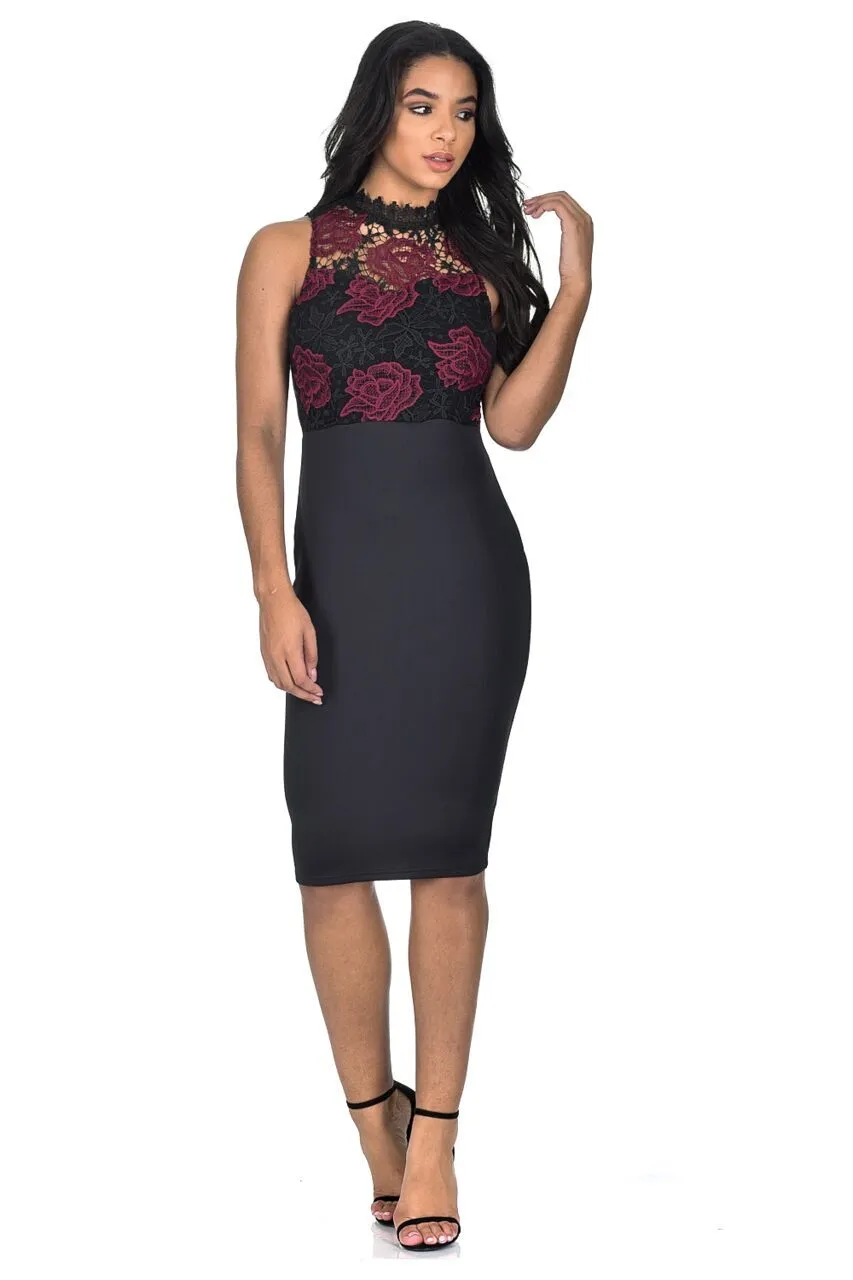 Black And Wine Crochet Midi Dress