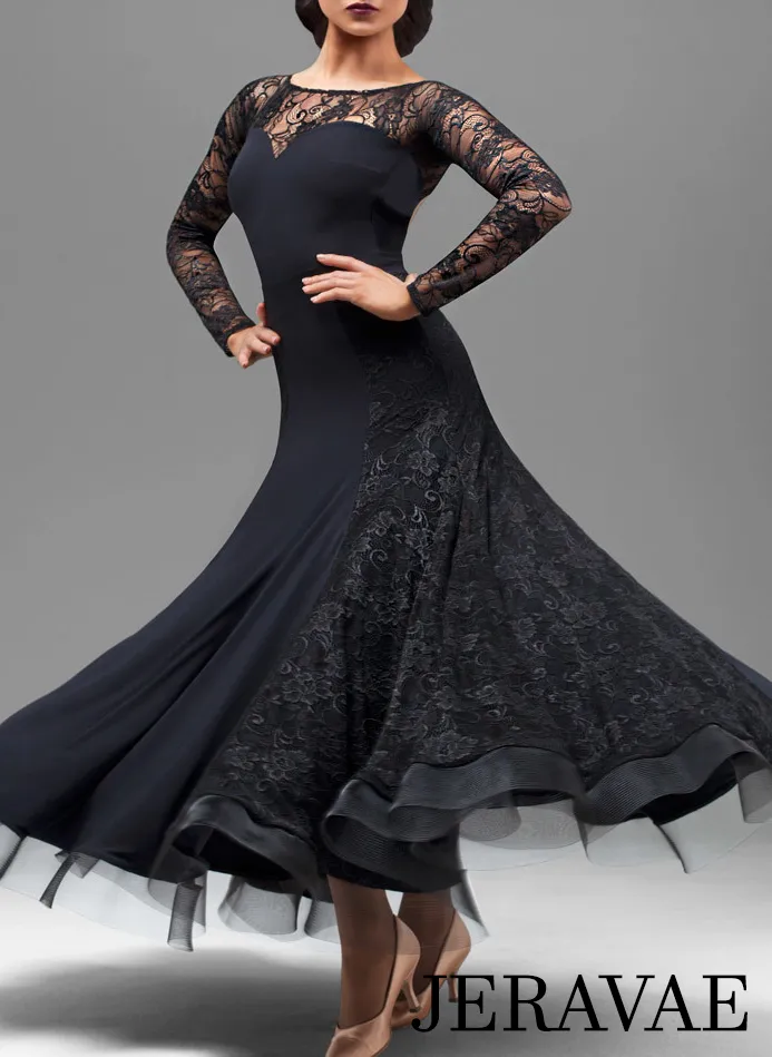 Black Ballroom Practice Dress with Long Lace Sleeves, Open Back, Lace Sections in Skirt, and Horsehair Hem Sizes S-4XL PRA 204_sale