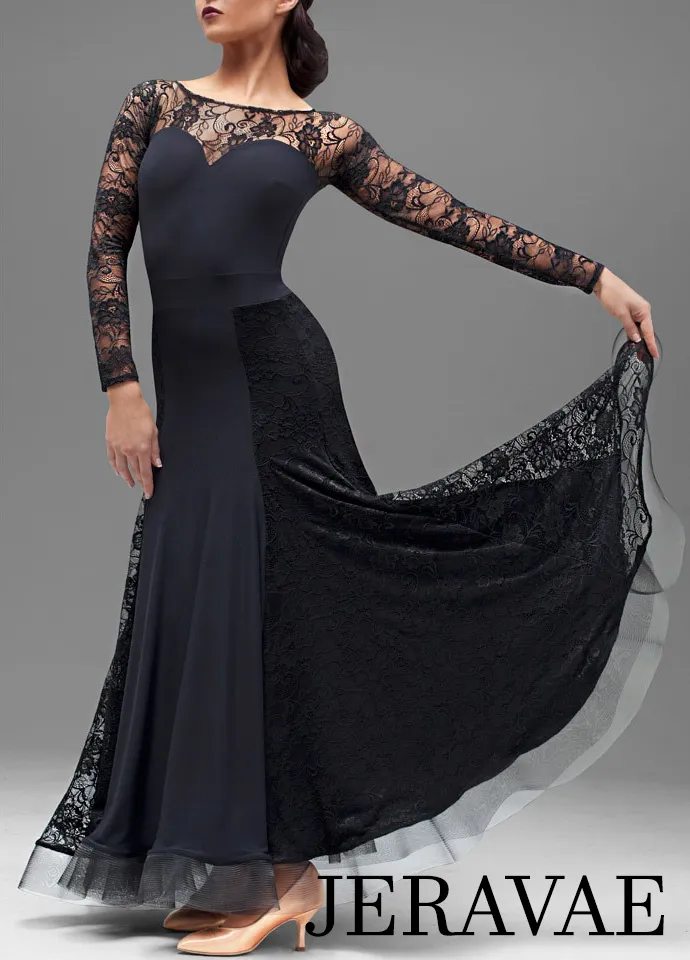 Black Ballroom Practice Dress with Long Lace Sleeves, Open Back, Lace Sections in Skirt, and Horsehair Hem Sizes S-4XL PRA 204_sale