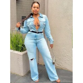 Button High Waisted Denim Jumpsuit