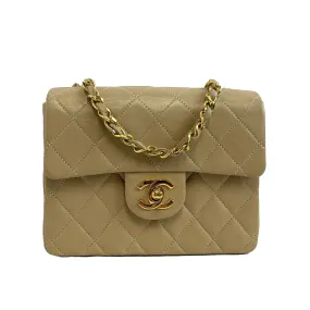 Chanel Vintage Classic Single Flap Mini Lambskin Beige Handbag Crossbody BOX