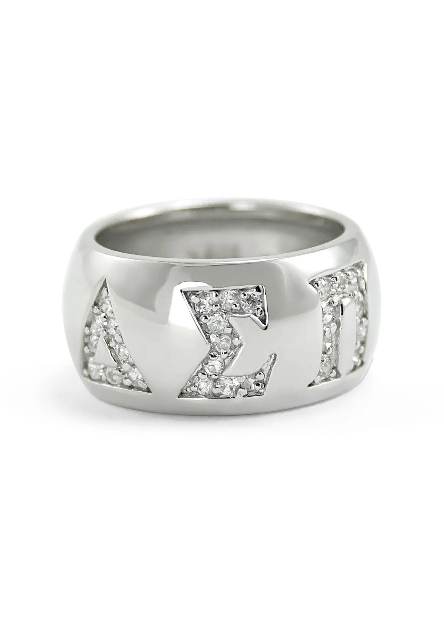 Delta Sigma Pi Sterling Silver Ring with Pave Cubic Zirconia Greek Letters