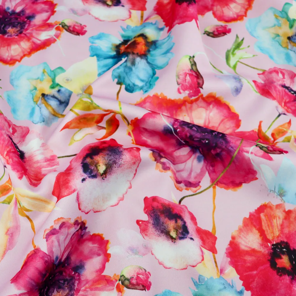 FS1009 Butterfly Poppies Scuba Stretch Knit Fabric Pink