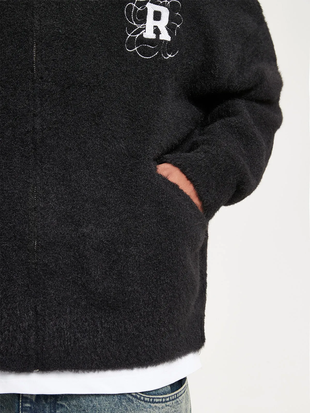 FURRY KNIT ZIP-JACKET - BLACK