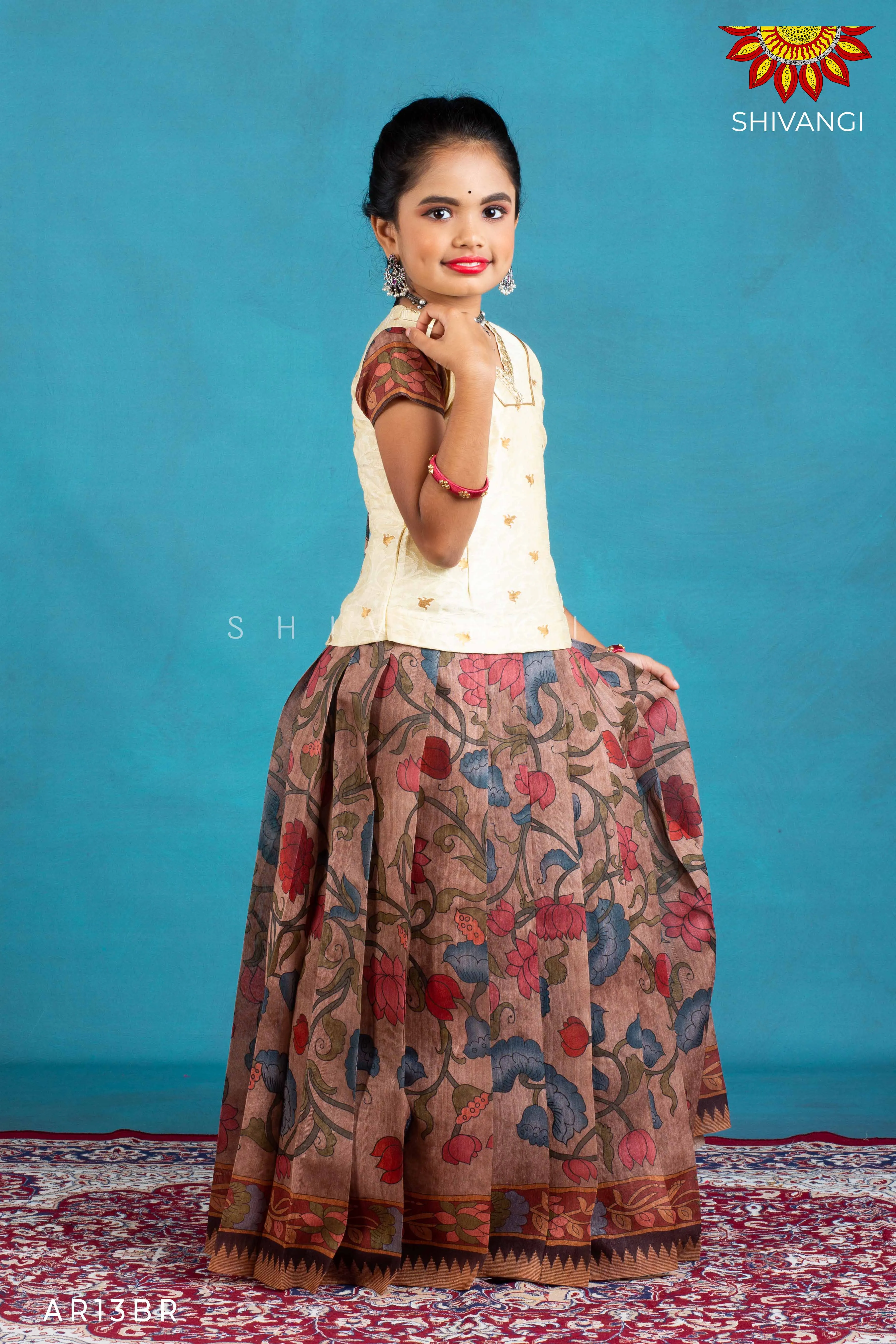 Girls Brown Kalamkari Jute Pattu Pavadai