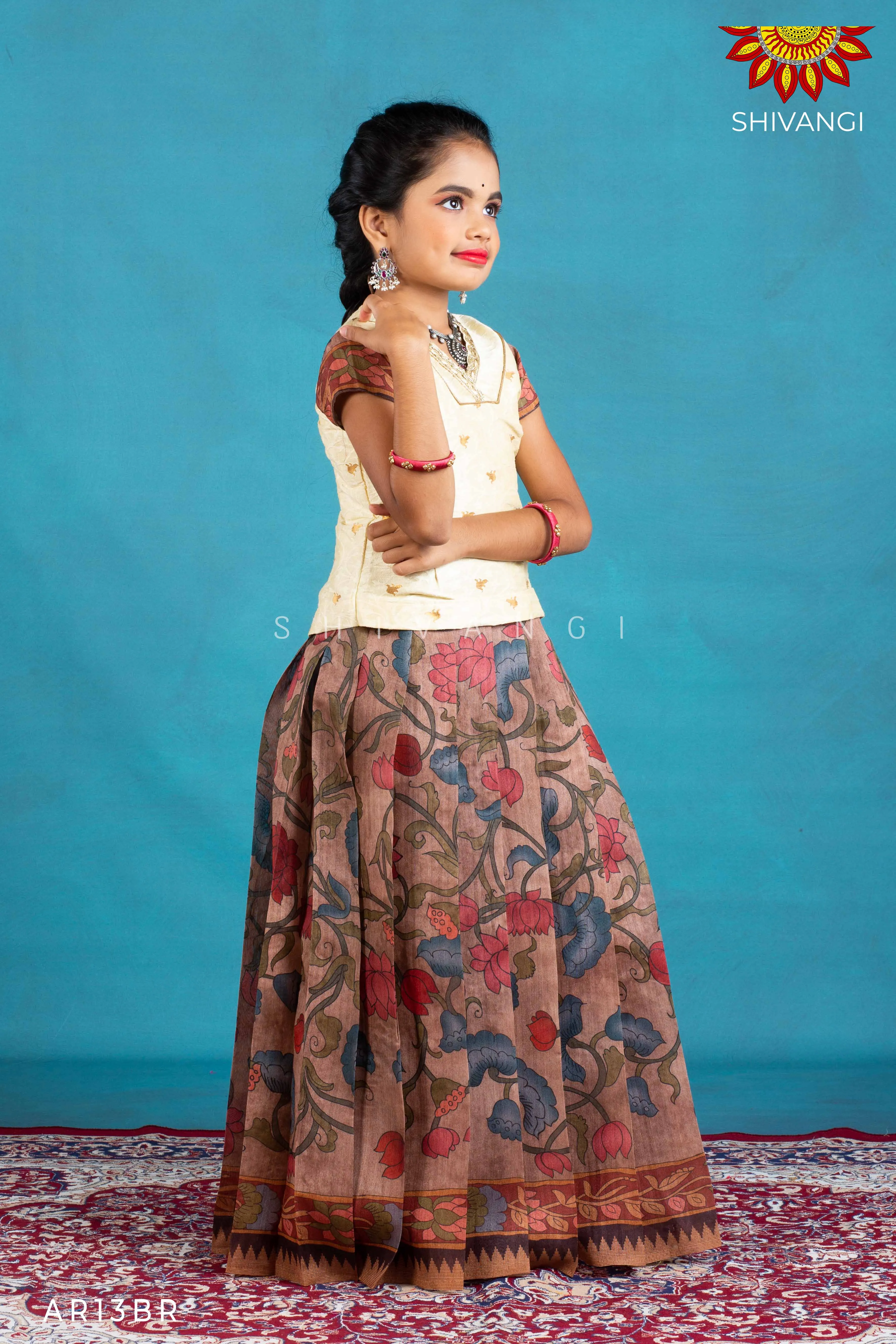 Girls Brown Kalamkari Jute Pattu Pavadai