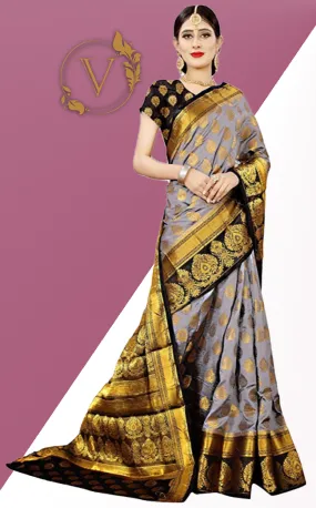 Grey & Black Banarasi Silk Saree