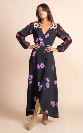 JAGGER MAXI WRAP DRESS IN PINK DAISY ON BLACK MIX - DANCING LEOPARD