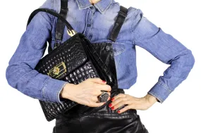 Jet black large "sauvage" crocodile skin flap handbag