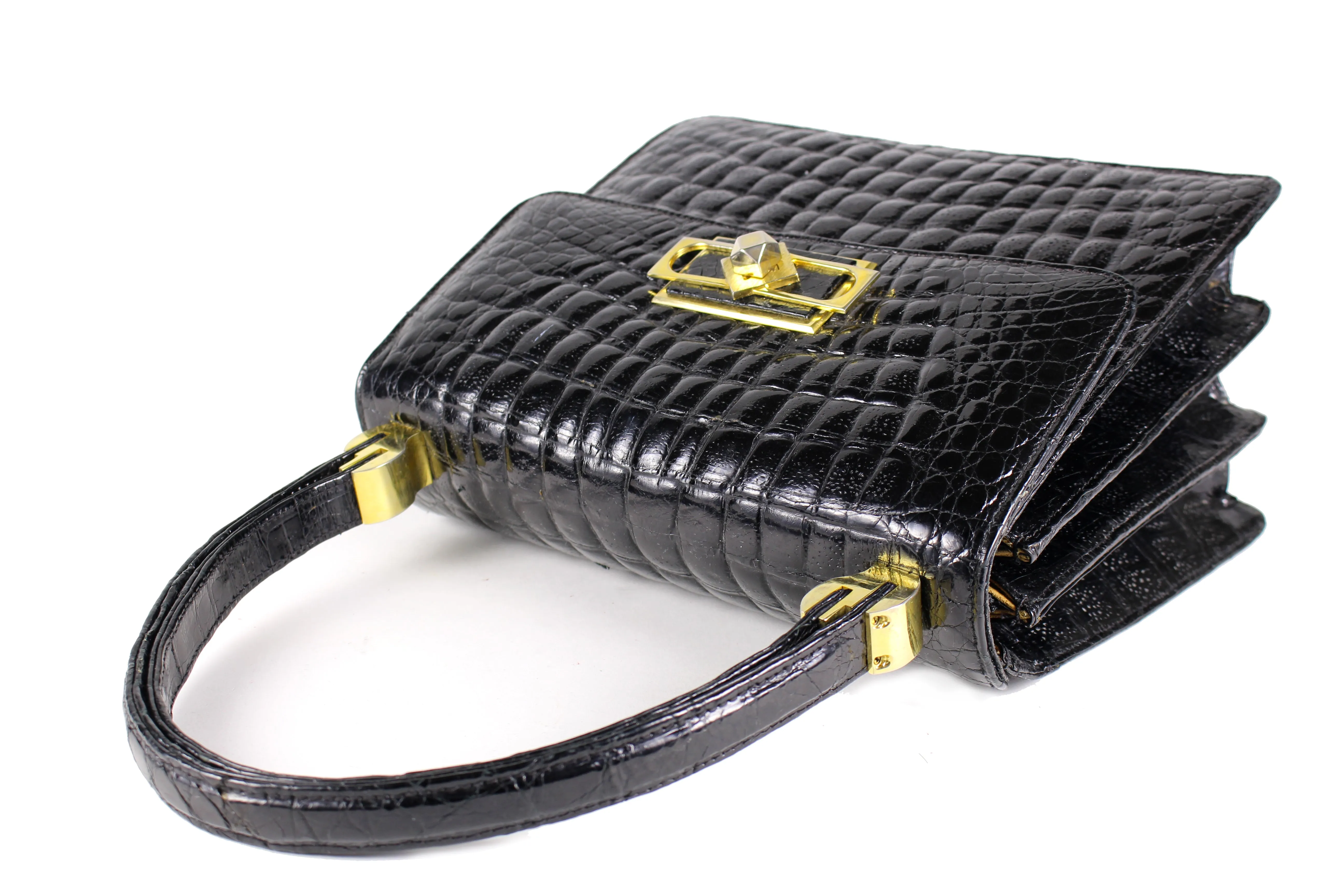 Jet black large "sauvage" crocodile skin flap handbag