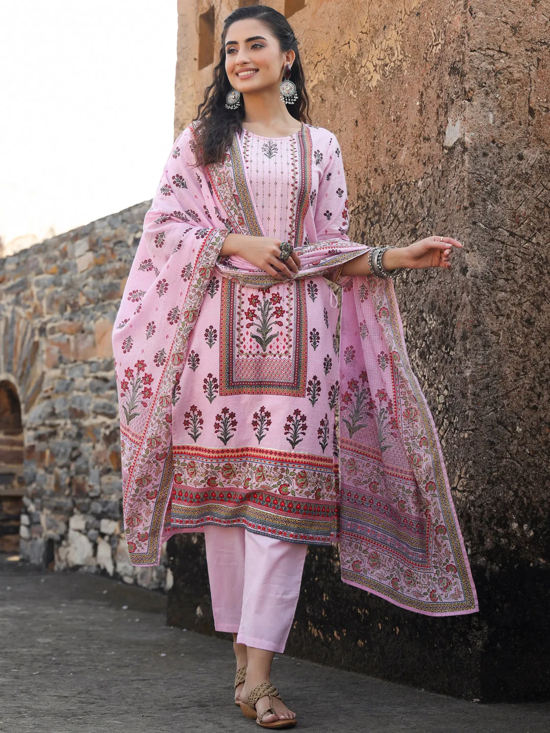 Juniper Lilac Ethnic Motif Printed Pure Cotton Kurta, Pants & Kota Doria Dupatta Set With beads & Sequins