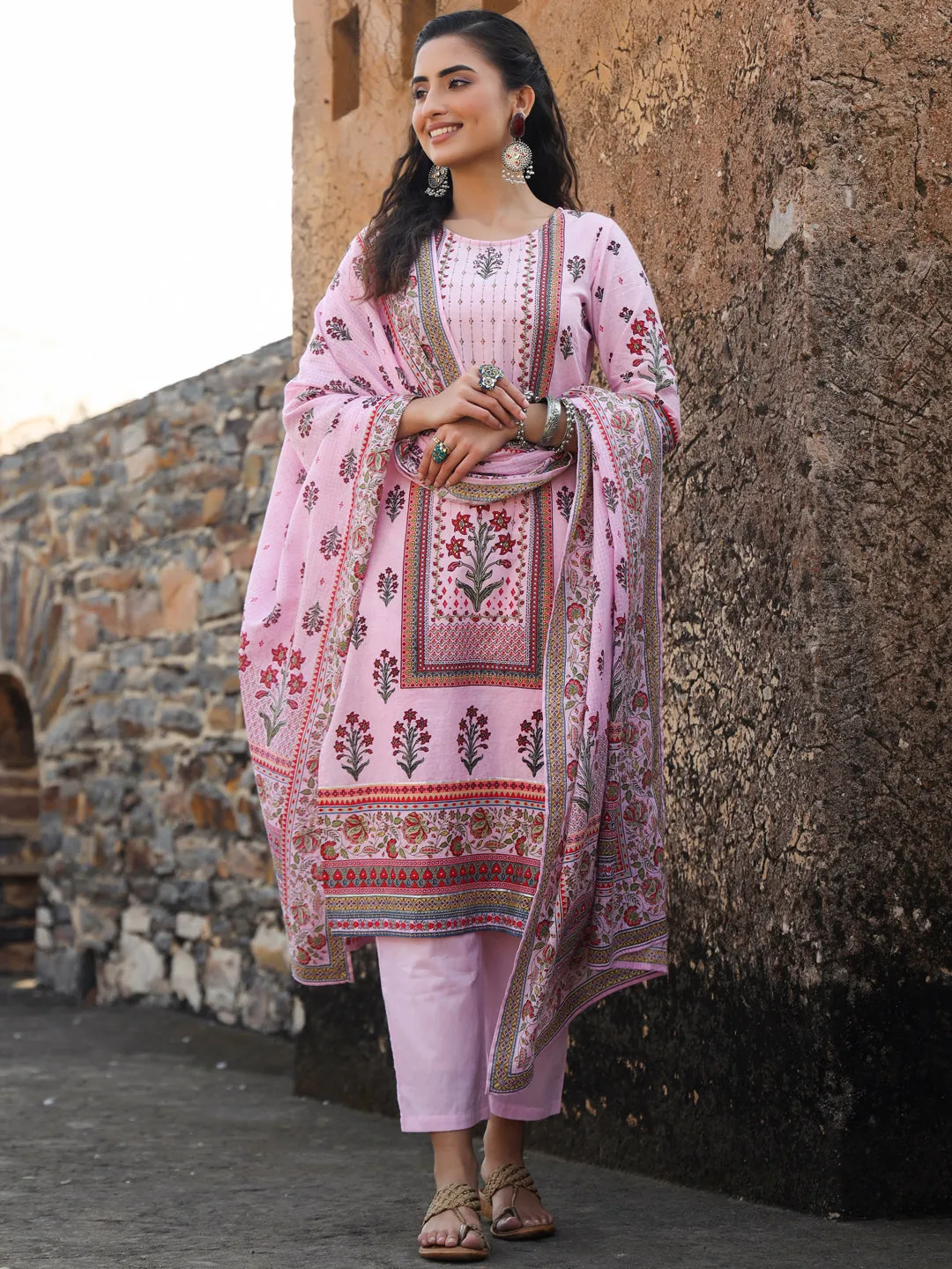 Juniper Lilac Ethnic Motif Printed Pure Cotton Kurta, Pants & Kota Doria Dupatta Set With beads & Sequins