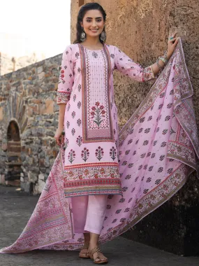 Juniper Lilac Ethnic Motif Printed Pure Cotton Kurta, Pants & Kota Doria Dupatta Set With beads & Sequins