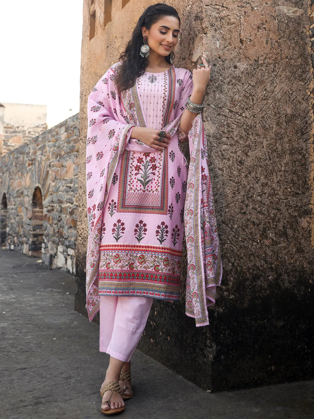 Juniper Lilac Ethnic Motif Printed Pure Cotton Kurta, Pants & Kota Doria Dupatta Set With beads & Sequins