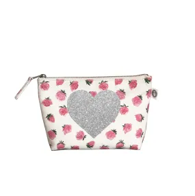 Makeup Bag: White Floral with Silver Glitter Heart