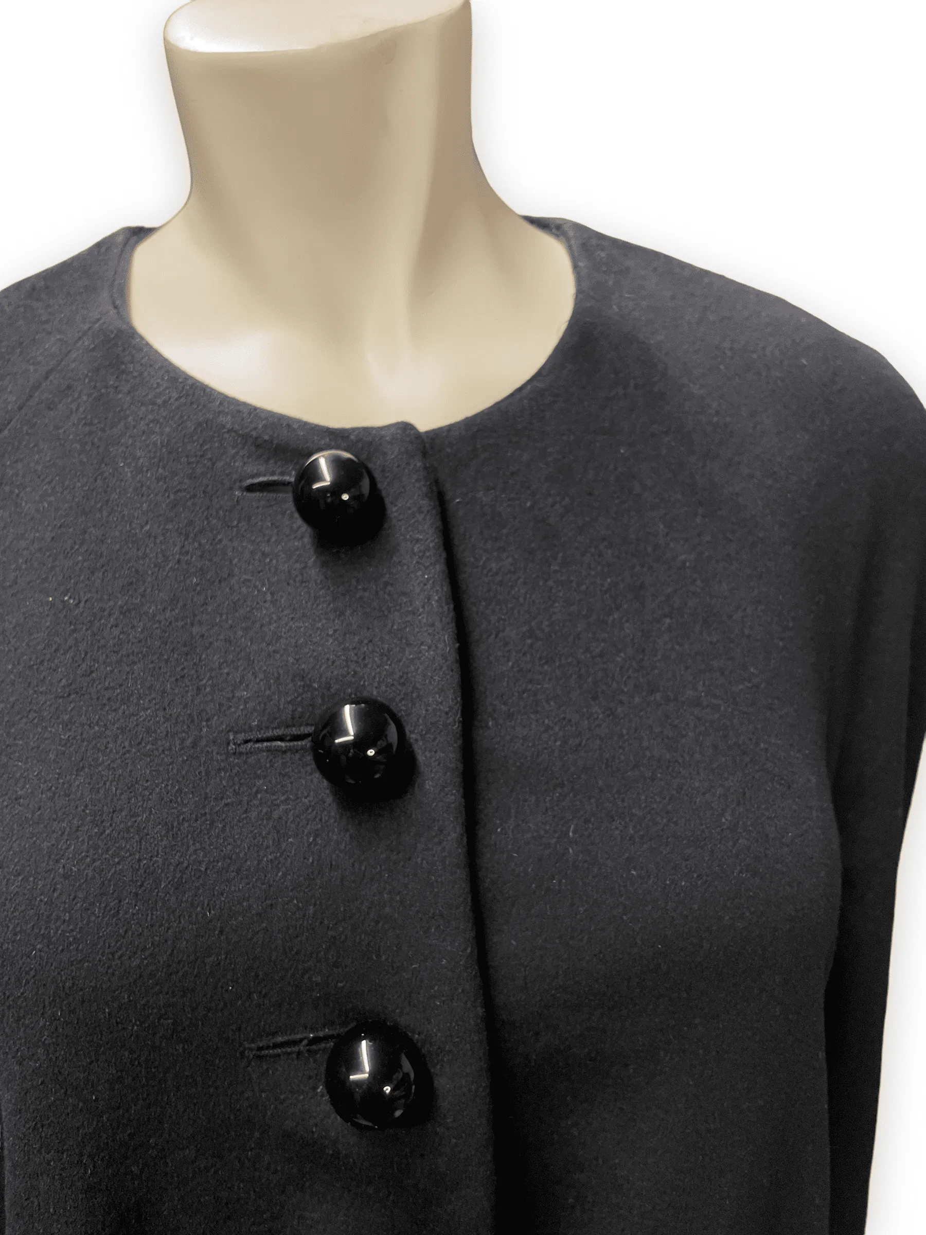 Moschino Couture! Black Wool Tiered Party Coat with Bauble Buttons Made in Italy Size M