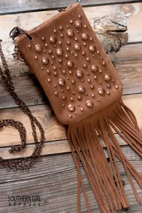 Nailhead Embellished Mini Crossbody Bag with Fringe and Chain Strap