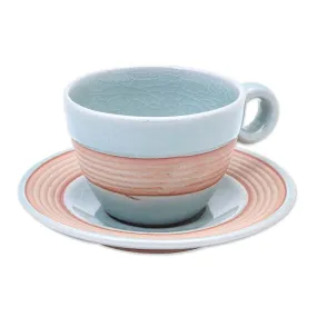 Novica Aqua Oasis Celadon Ceramic Cup And Saucer