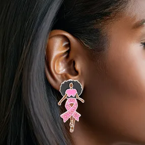 Pink Rhinestone Ribbon Breast Cancer Earrings - Silver