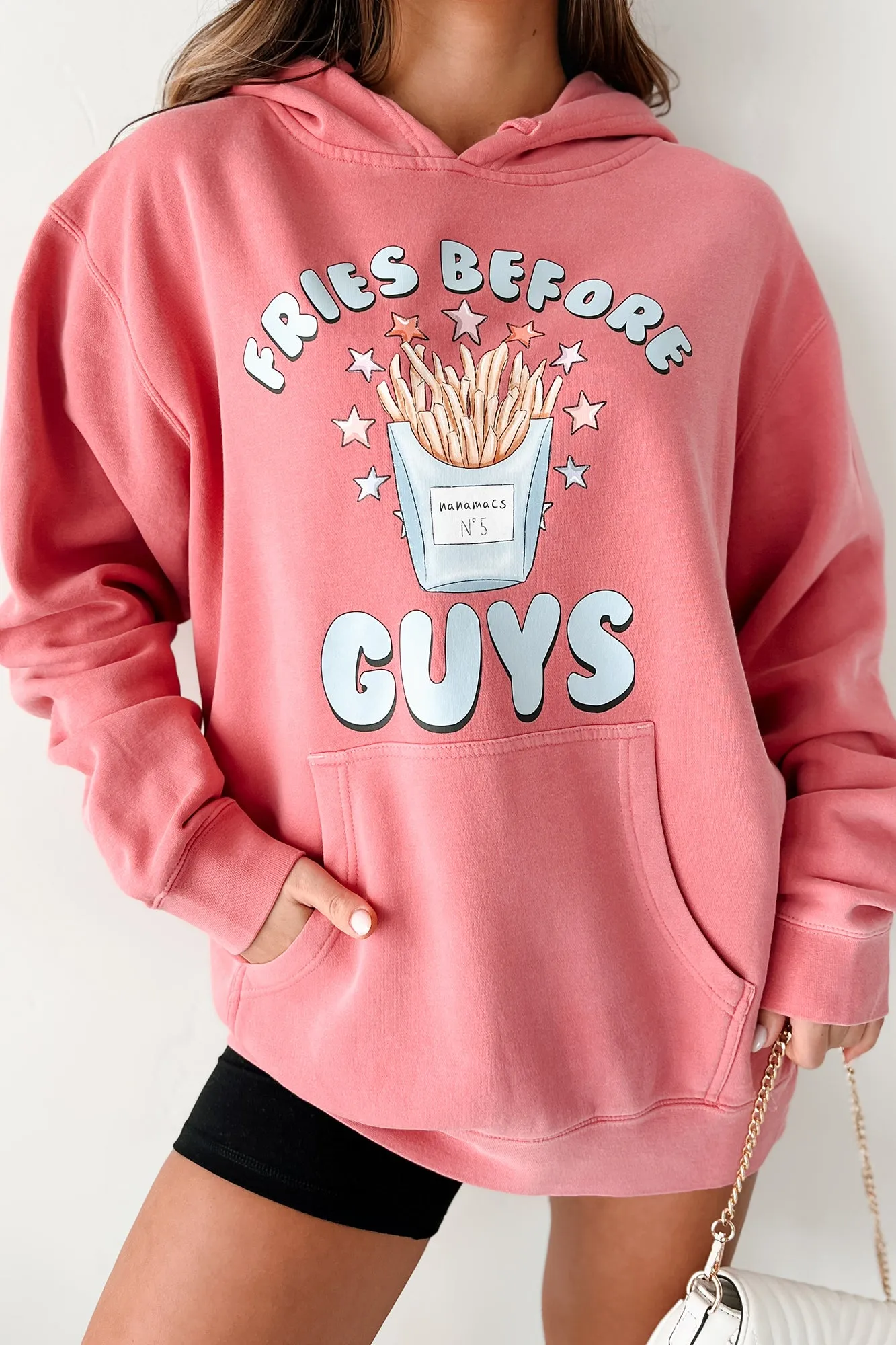 "Fries Before Guys" Vintage Wash Graphic Hoodie (Pink) - Print On Demand