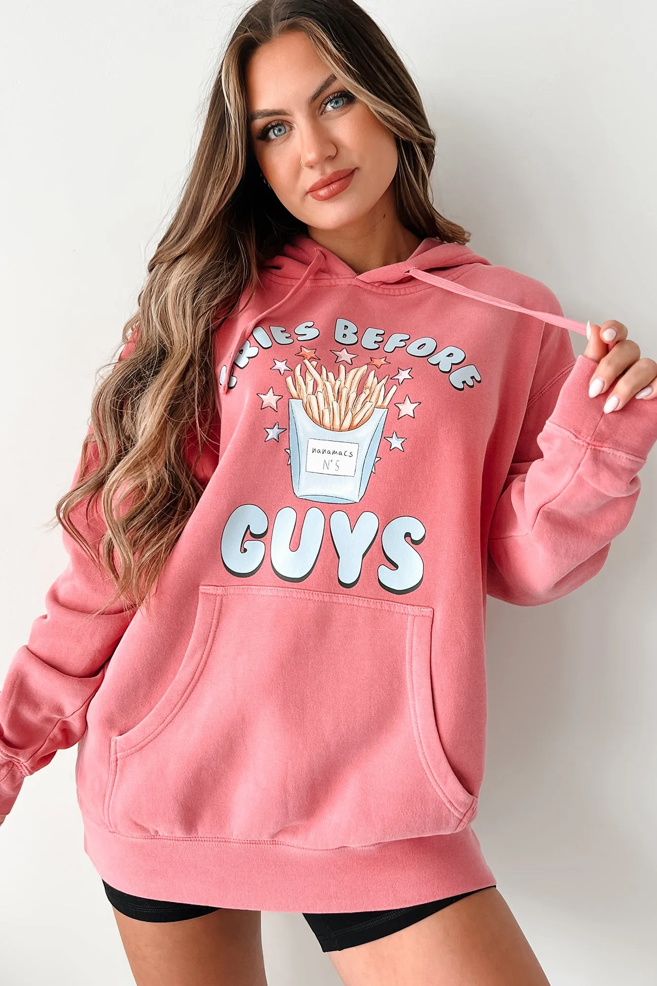 "Fries Before Guys" Vintage Wash Graphic Hoodie (Pink) - Print On Demand