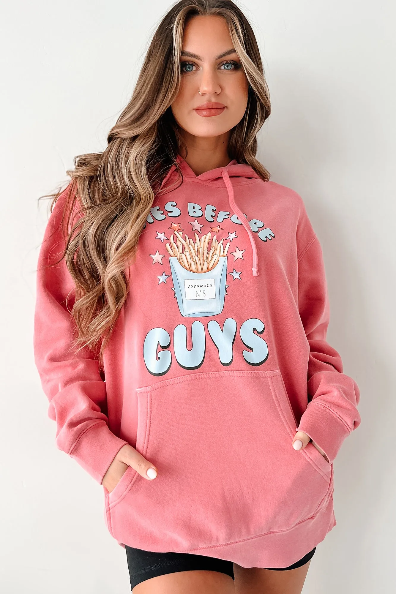 "Fries Before Guys" Vintage Wash Graphic Hoodie (Pink) - Print On Demand