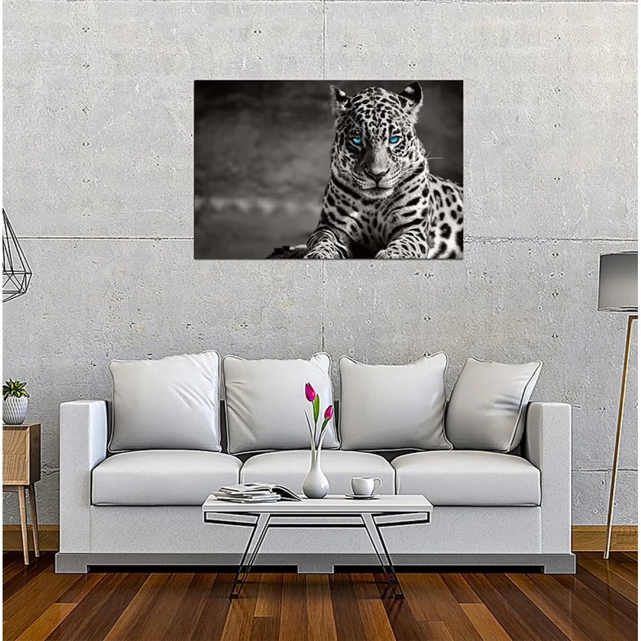 "Spotted Leopard in Black and White" Acrylic Wall Art (32"H x 48"W)