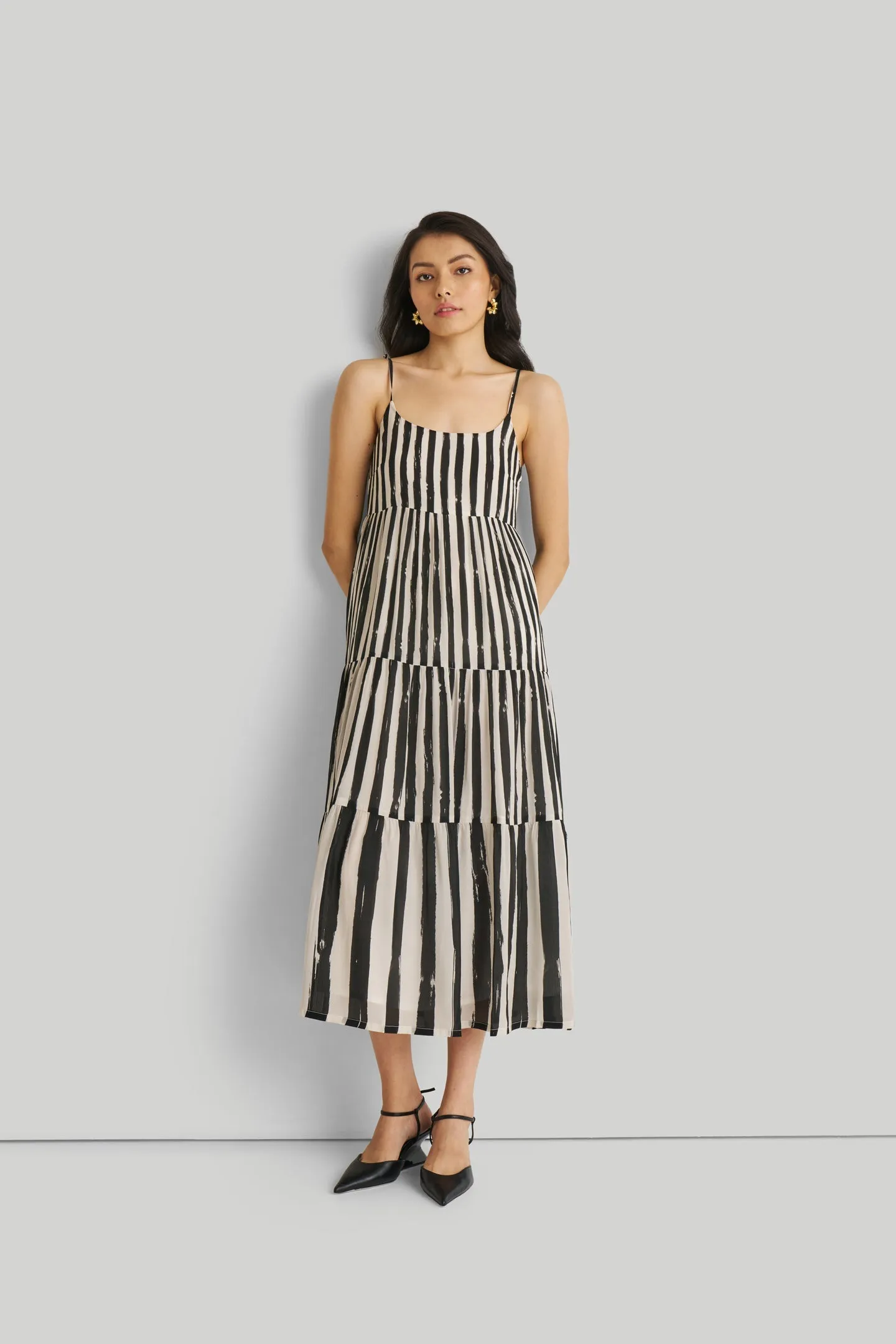 Reistor Strappy Tiered Maxi Dress in Black Stripes