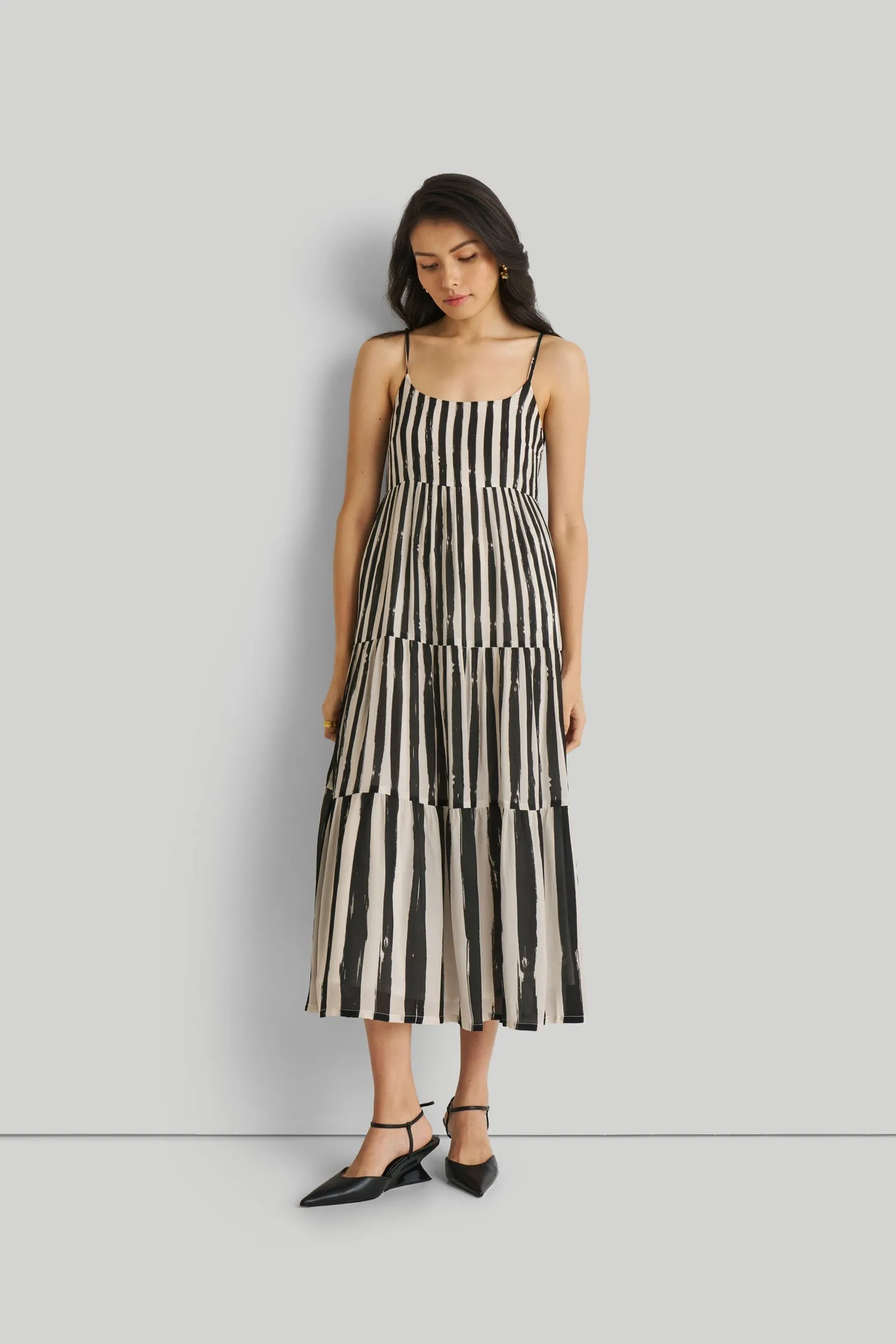 Reistor Strappy Tiered Maxi Dress in Black Stripes