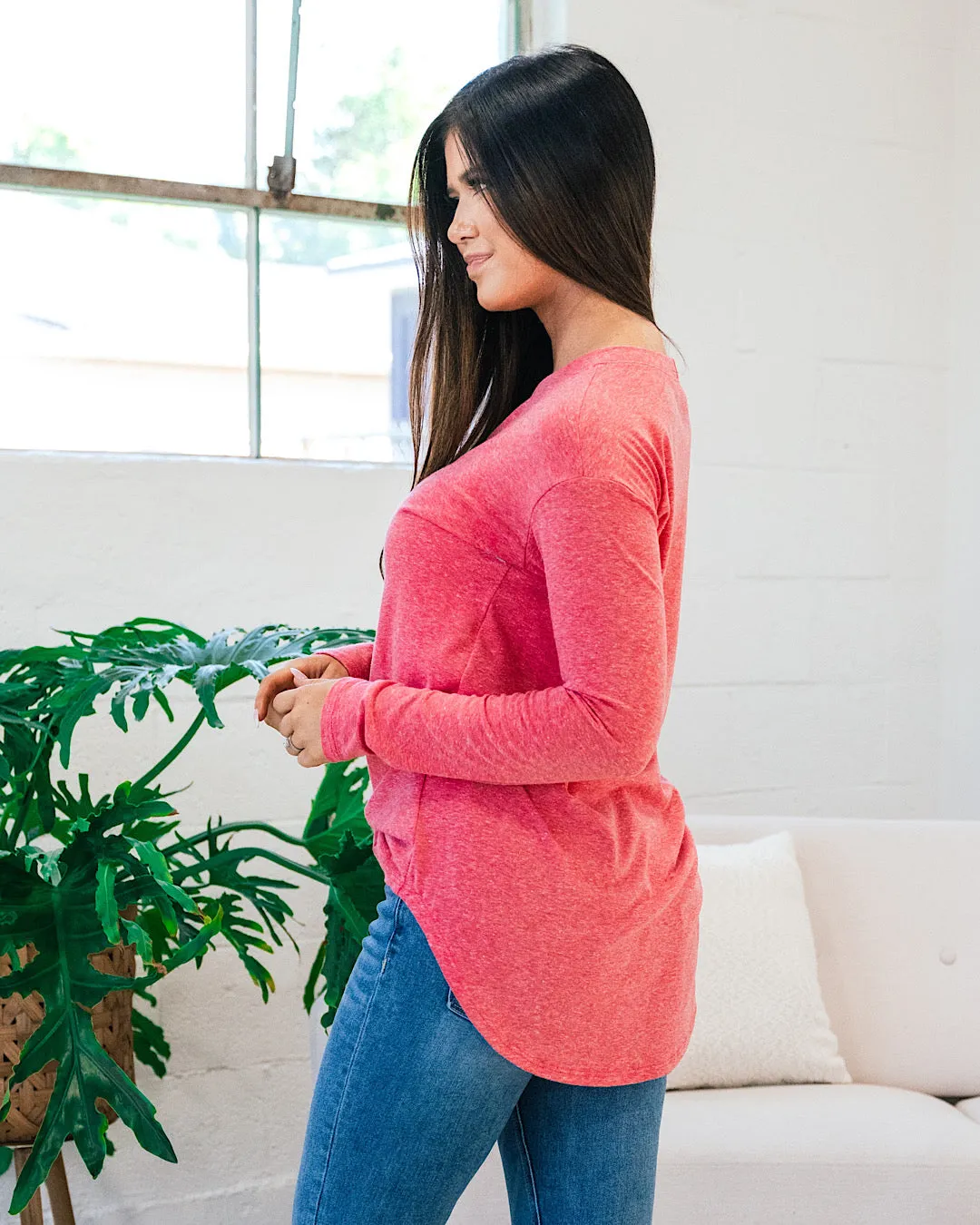 Slub Knit Long Sleeve Top - Red