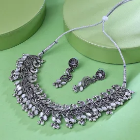 Sukkhi Beckoning Rhodium Plated Silver Artificial Stone Collar Necklace Set for Women