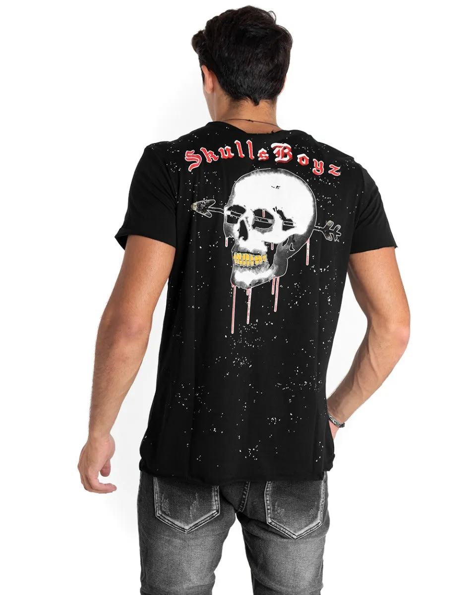 T-Shirt Uomo Nera Macchie Di Pittura Stampa Scritta Teschio MOD GIOSAL TS2653A