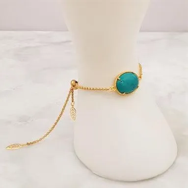 Teal Jade Leaf Back Jeweled Slider Bracelet