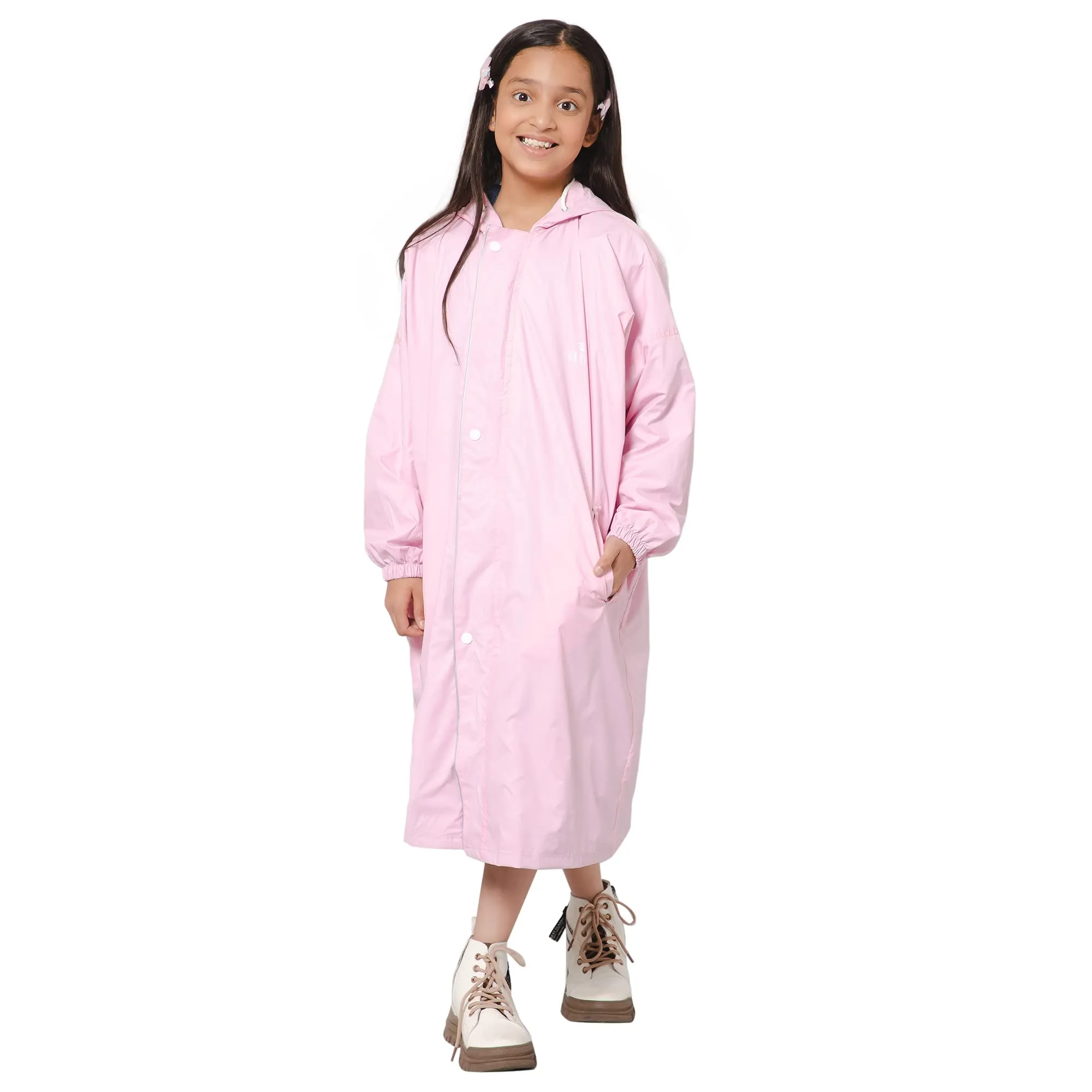 THE CLOWNFISH Cloud Chaser Series Kids Raincoat Waterproof Polyester Double Coating Reversible Longcoat with Hood and Reflector Logo at Back. Printed Plastic Pouch. Kid Age-7-8 years (Blush Pink)