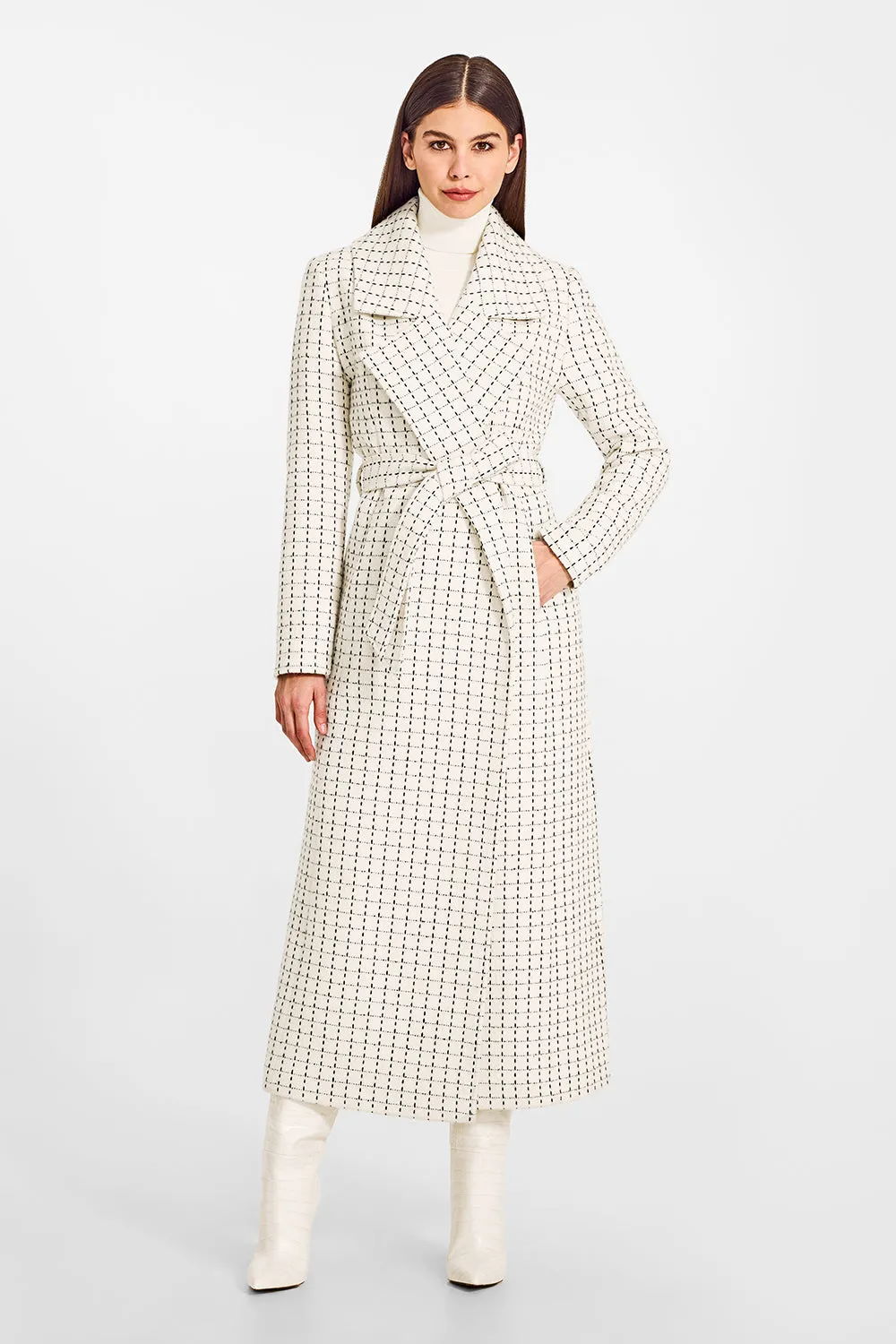 Tweed Baby Alpaca Maxi Notched Collar Wrap Coat