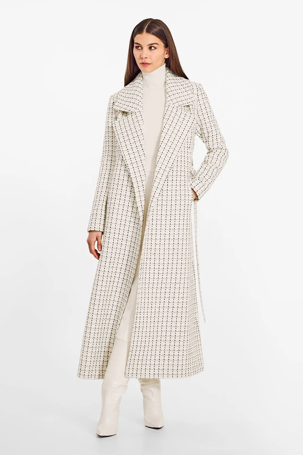 Tweed Baby Alpaca Maxi Notched Collar Wrap Coat